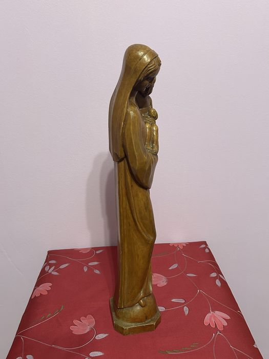 Statuetă vintage din lemn masiv – Maica Domnului cu Pruncul