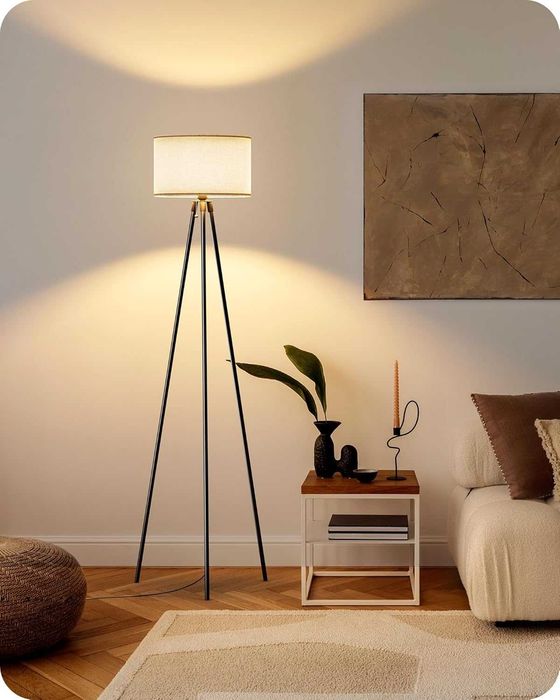 Lampă de podea EDISHINE trepied metalic negru | LED dimabil 3000K–6000K | telecomandă magnetică | bec E27 inclus