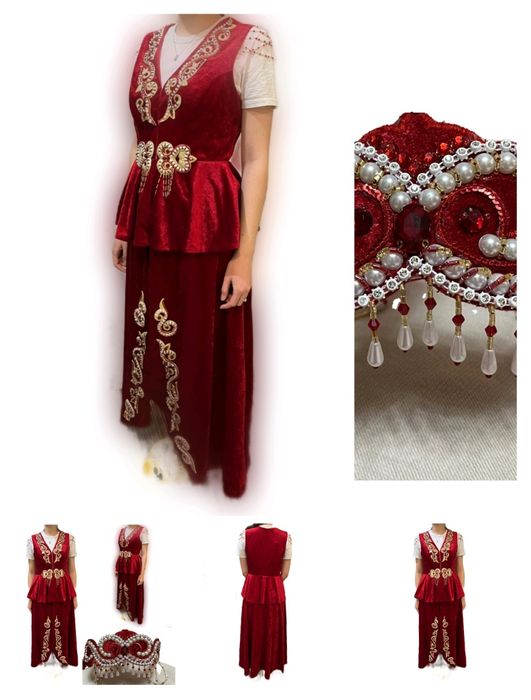 Продам Казахский национальный костюм красный велюр. Жилетка и юбка.