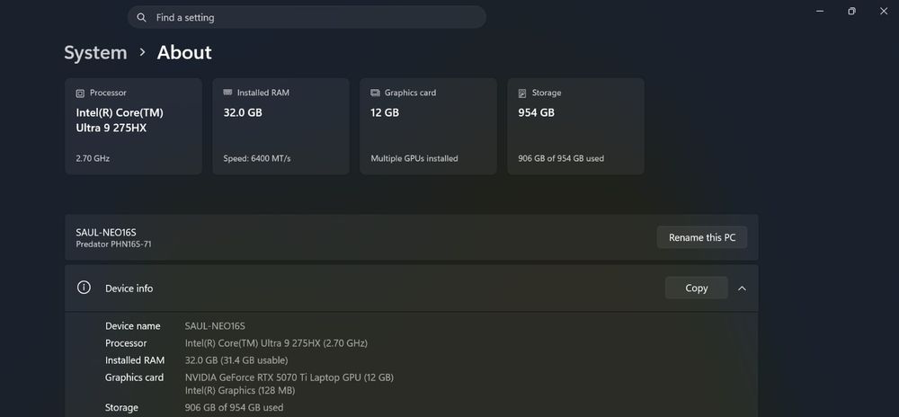 Laptop Gaming Acer Predator Helios Neo 16S AI OLED 240Hz Ultra 9 275HX 32GB RAM NVIDIA RTX 5070 Ti 1TB SSD Windows 11