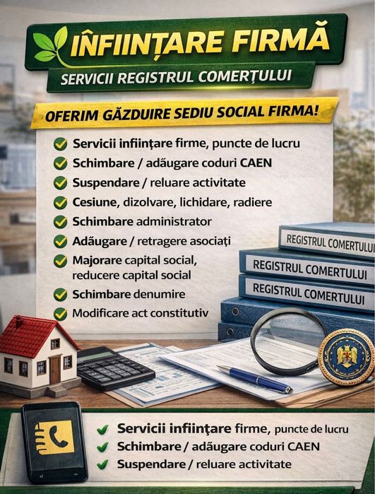 deschidere/infiintare/ inchidere firma srl/punct de lucru/ schimbare cod caen - denumire- capital social- act constitutiv- cesiune- dizolvare- radiere