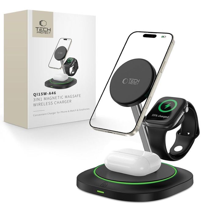 3в1 Магнитно Безжично Зарядно -Tech Protect QI15W-A46
