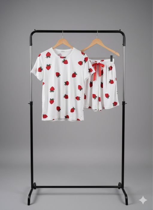 Pijama Damă-Albă cu Căpșuni Set Tricou și Pantaloni Scurți S M L XL 2