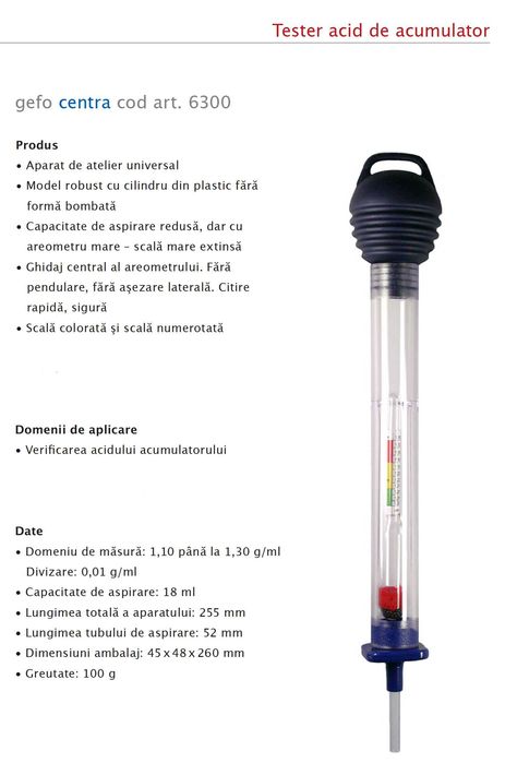 Densimetru acid baterie Gefo 6300, 18 ml - Produs nou!