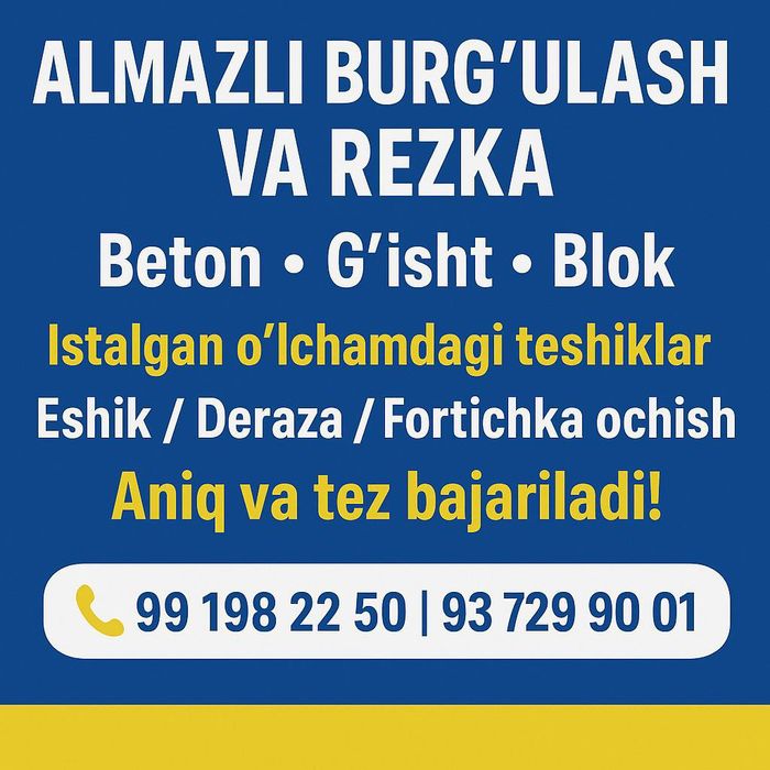 Almazne bur almazne rezka eshik deraza fortichka ochish xizmati