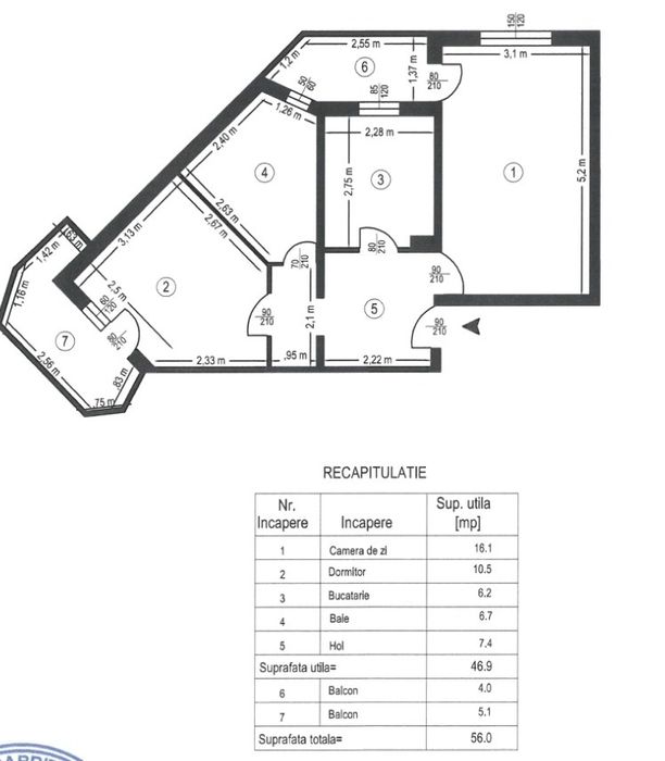 Apartament 2 camere - Central - etaj 1, 56mp, baie cu geam
