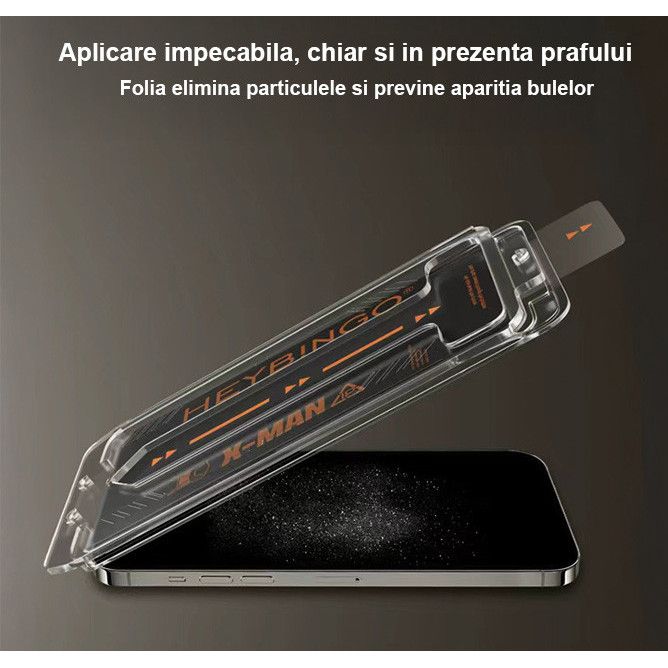 Folie Telefon Privacy Apple iPhone 17 PRO MAX HEYBINGO, cu Kit de Aplicare Instanta si Functie Automata de indepartarea prafului