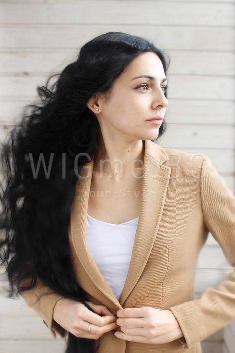 Дълга черна къдрава лейс фронт перука Роберта