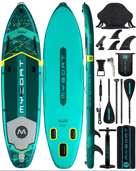 Нов, висок клас, широк 350 СМ надуваем падъл борд all-round SUP MYBOAT MY16 (Bass Hunter Green PRO) в тюркоазено-зелен дизайн.