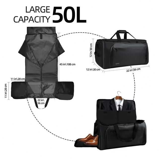 Geantă de voiaj 2 în 1 cu husă pentru costum, 50L, neagră