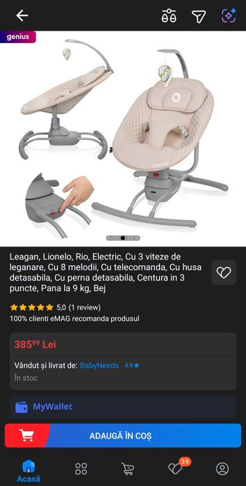 Leagan Lionelo Rio Electric Cu 3 viteze de leganare  8 melodii Cu telecomanda Cu husa detasabila Cu perna detasabila