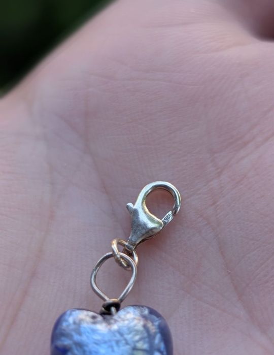 Vechi charm pandantiv argint 925, in forma de inima, din sticla de Murano, albastru deschis