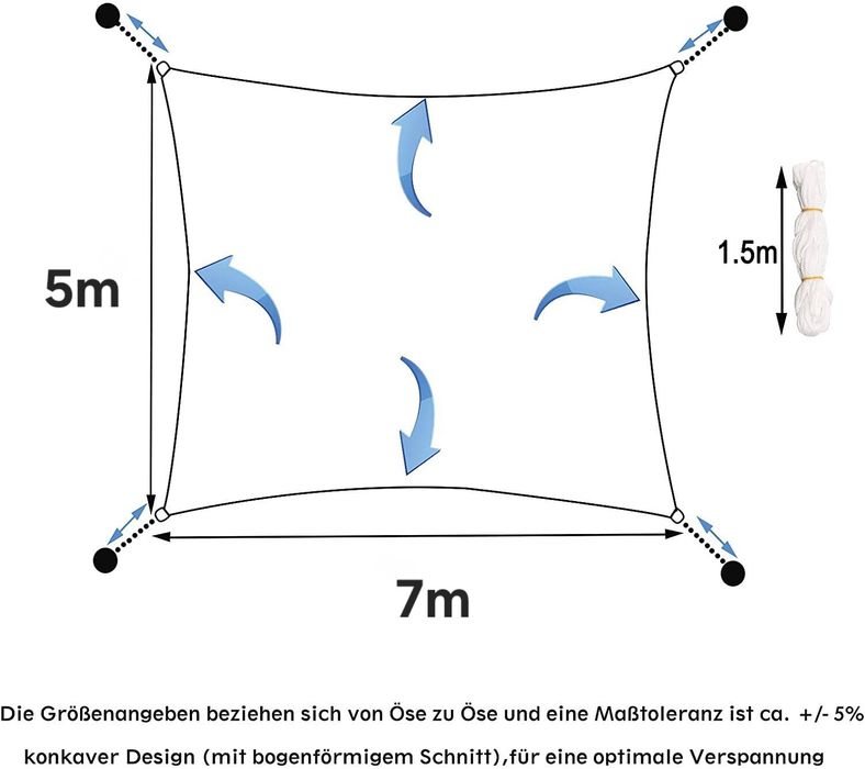 5x7 метра Слънцезащитна тента WOLTU, мрежест HDPE + монтажен комплект, сива