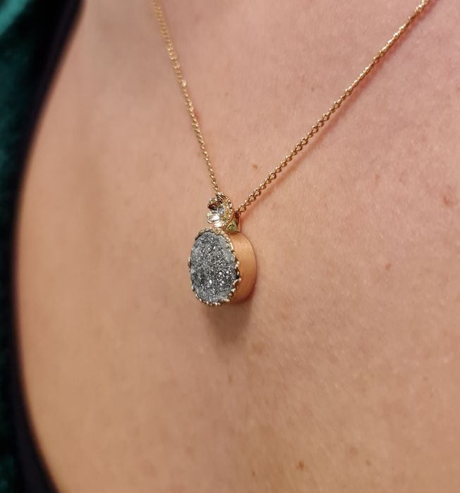 Pandant cu lănțișor aur roz 14k unicat diamant și druzy