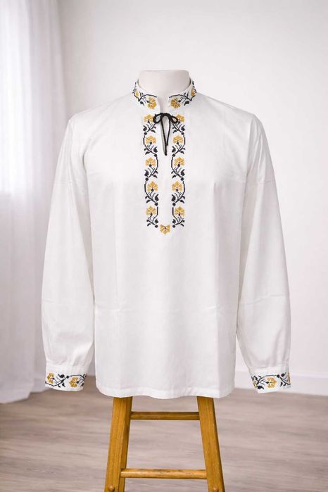 Ie bărbătească tradițională albă cu broderie galben-negru - marimea L