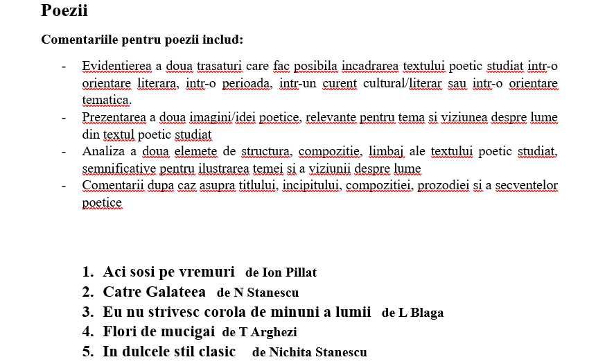 Comentarii literare liceu, conforme cu cerinte bareme BAC
