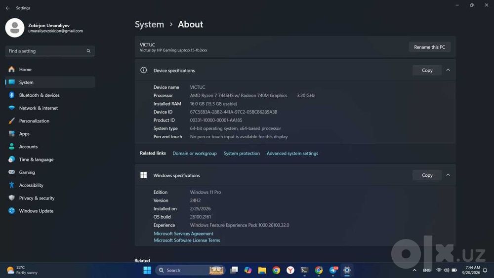 HP Victus Gaming 15 — RTX 4050 / Ryzen 7 / 16GB RAM / Ideal holatda!