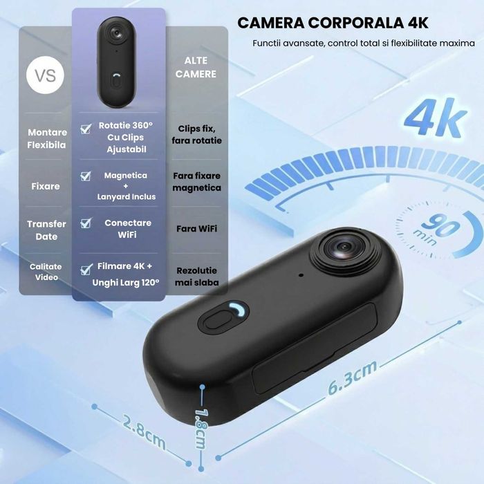 Camera Video Actiune Corporala, 5k (stabilizare EIS 6 axe, ecran LCD), 4K, 2,7k) conectare wi-fi accesorii prindere bicicleta