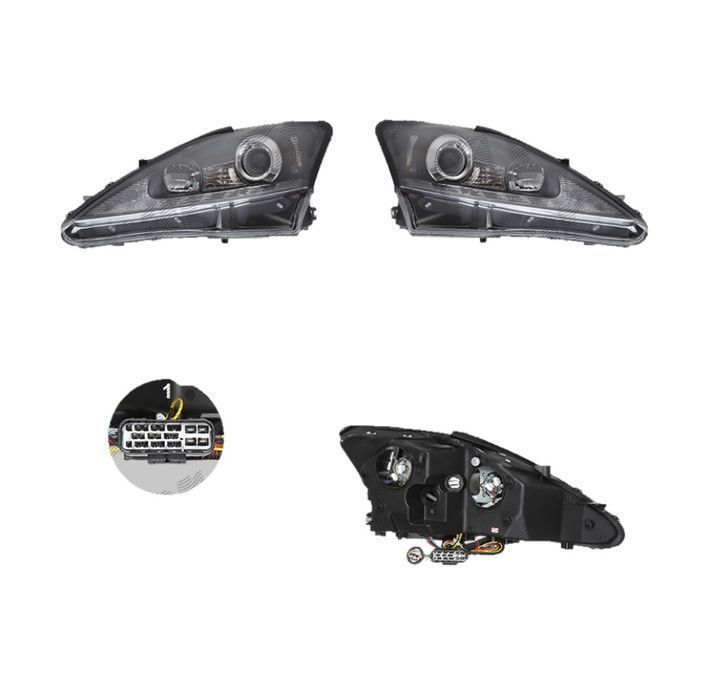 Far Lexus Is, 11.2005-04.2013, fata, Stanga+Dreapta, xenon; lense; cu LED indicator; D2R+H1; manual/electric; negru; tuning; omologare: SAE, Taiwan