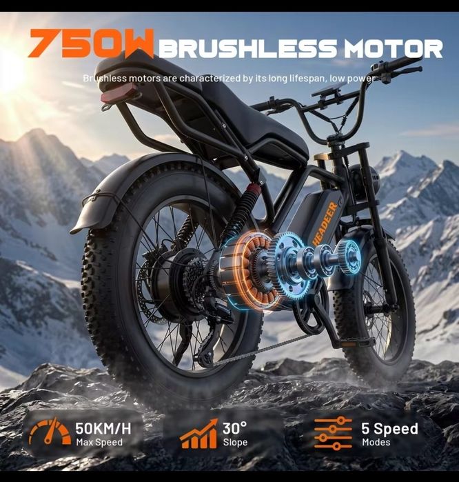 НОВИ! Електрически Велосипед HEADEER BK20 (750W, 48V 20Ah,50km/h) – Fat Bike E Bike