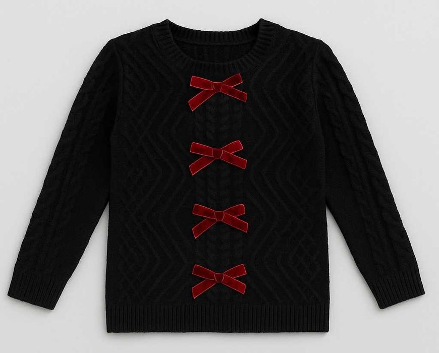 Детска плетена жилетка с червени кадифени панделки