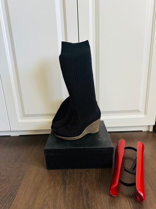 Cizme cu platforma , negre din piele, numarul 39