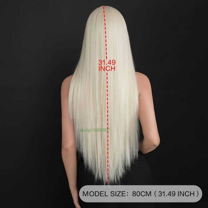 Перука 80 см - платинено светло руса, дълга права, синтетична, с път