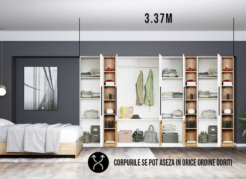 Dressing 3.37m / Dulap Dormitor Timea - Transport Gratuit in 4-10 zile