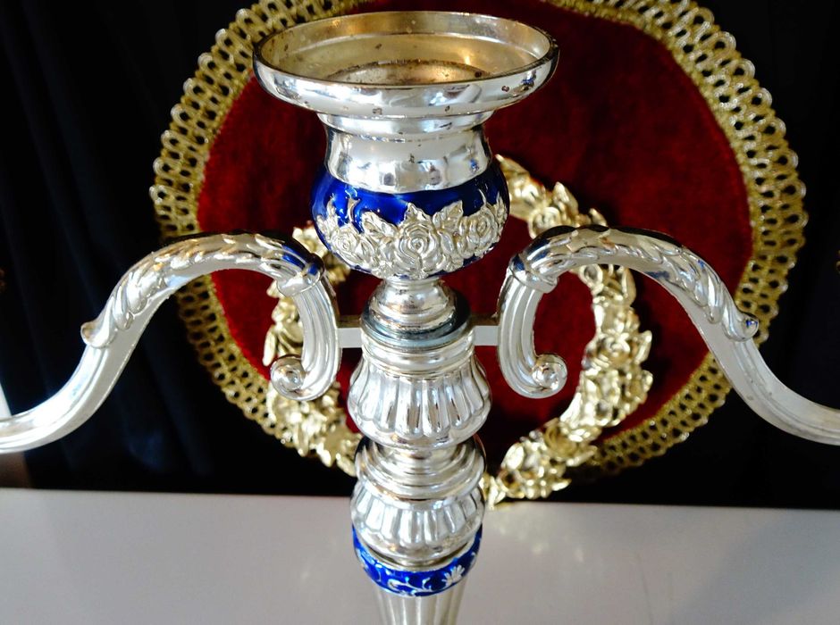 Посребрен троен свещник,рози,кобалт,рококо.