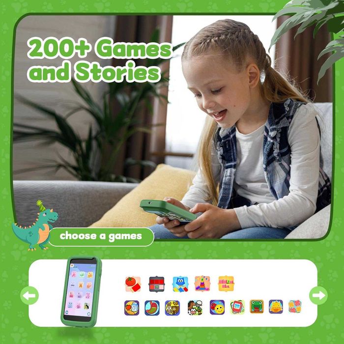 Детски играчка смартфон, телефон за игра за малки деца за момчета, фалшив телефон с динозавър