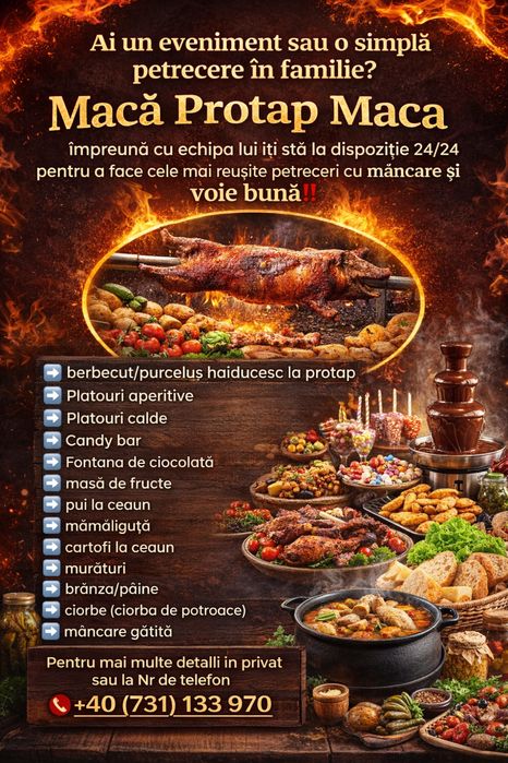 Berbecut, purcelus la protap, aperitive,sarmale corturi mese