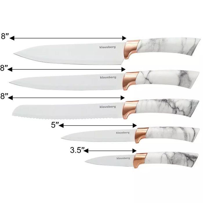 Set cutite din inox cu suport, 6 elemente, alb cu model maro, Kinghoff