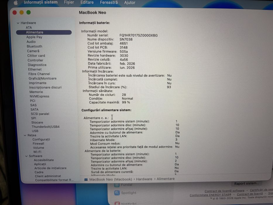 Macbook Neo Indigo 512gb 29 cicluri de incarcare