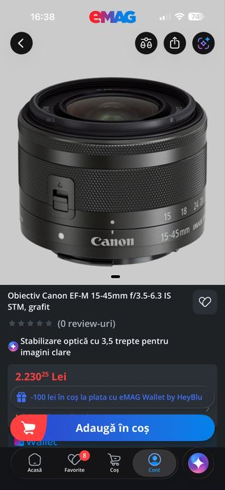 Obiectiv foto Canon EF-M 15-45mm f/3.5-6.3 IS STM Grafit (Montură EOS M) – CA NOU, GARANTIE EMAG 24 LUNI