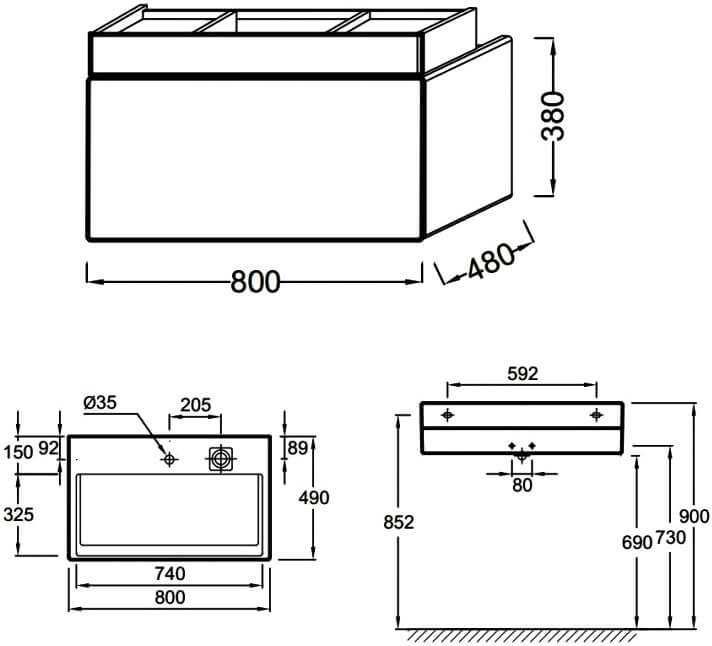 Тумба под мивка 80 см (стенна) с 2 чекмеджета – Jacob Delafon TERRACE