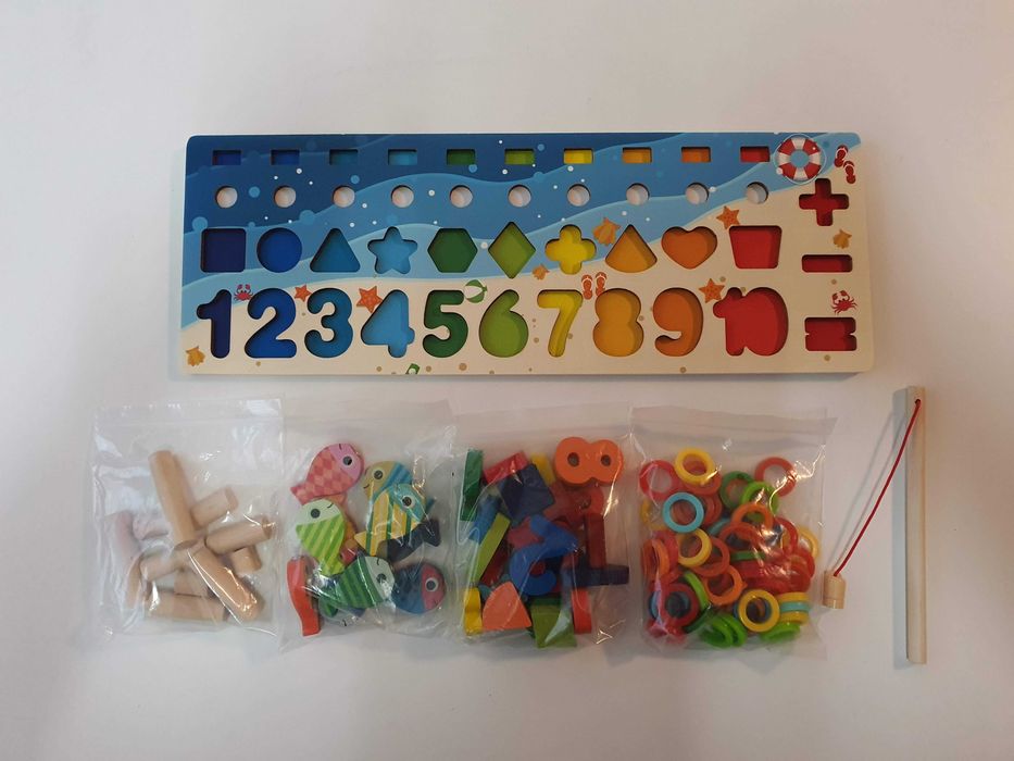 Дървена детска образователна игра Монтесори с цифри, форми и магнит