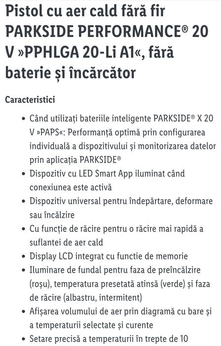 Parkside generator aer cald feon pe baterie 20V pistol aer fierbinte