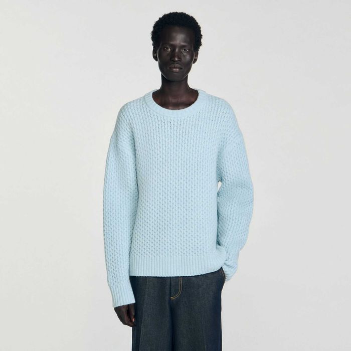 Sandro, Pulover din lână cu cusături fagure, Albastru, M