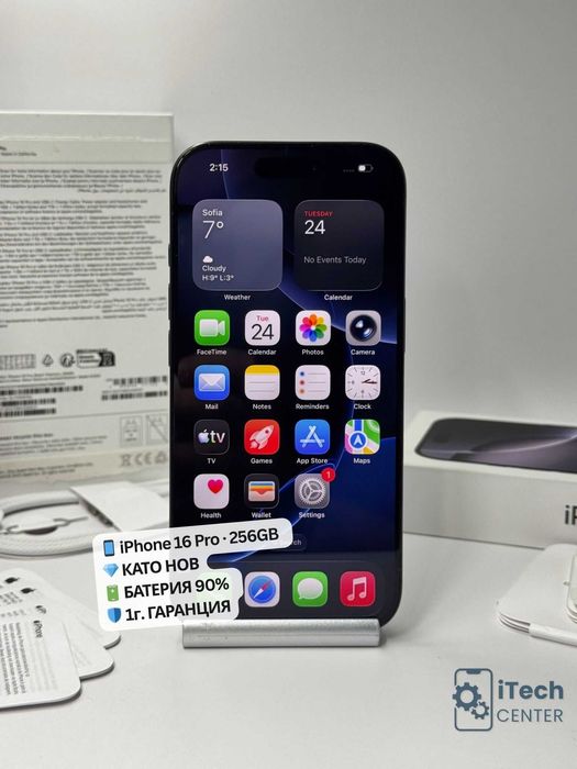 iPhone 16 Pro, 256GB, Black, 90% батерия, КАТО НОВ, 1г. ГАРАНЦИЯ!