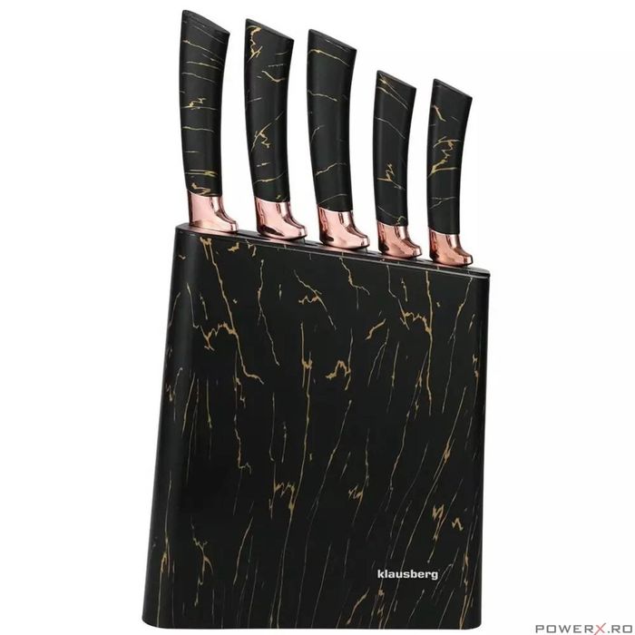 Set cutite din oțel inoxidabil, 6 piese, suport negru cu model maro,