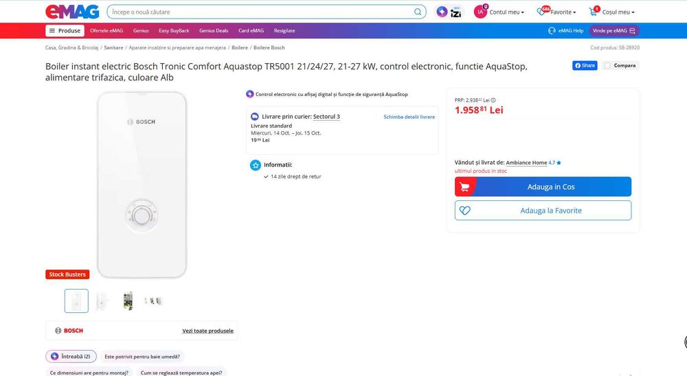 REDUS pana la 40%, BOSCH Boiler instant electric de Apa calda, Consum Clasa A, putere de la 15 la 24 KW , 230 V si 400 V