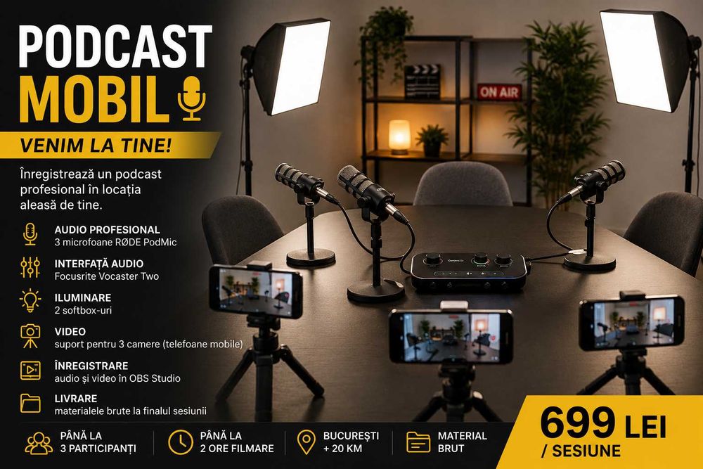 Remote Podcast in locatia ta pentru pana la trei participanti (lumini si microfoane)
