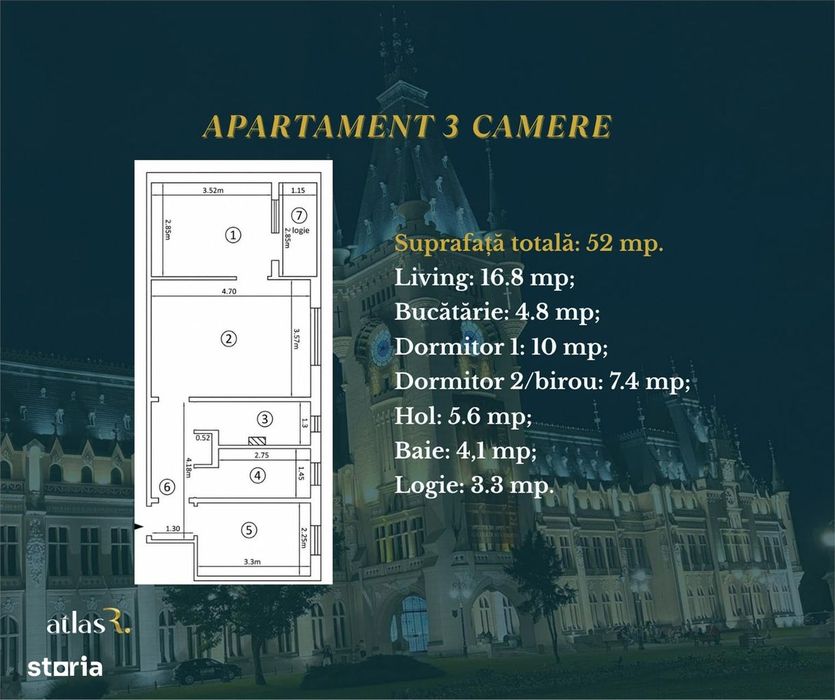 Apartament 3 camere | 52 mp | etaj 1 | Mircea cel Batran | Bloc 1975