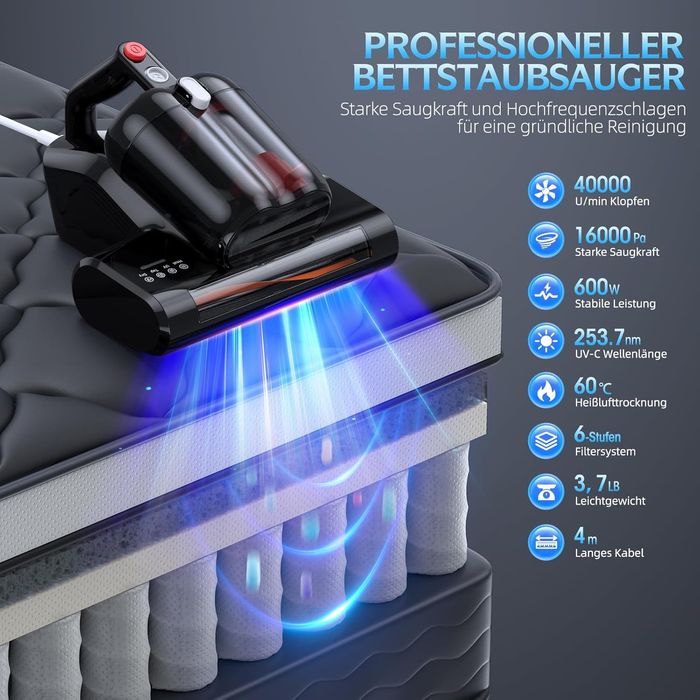 Професионална UV-C прахосмукачка за матраци JPHYLL, 6 степенна филтрация, 600W, 16Kpa