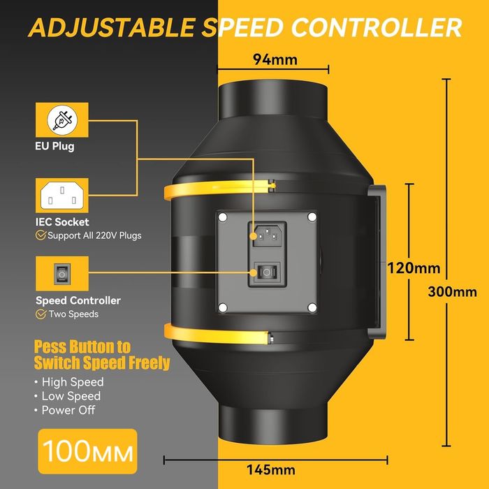 Ф100, Ф125, Ф150 Канален/ тръбен вентилатор, двускоростен с до 530 м³ч