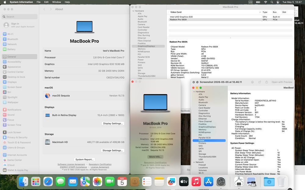  MacBook Pro 15" 2018 A1990, 2.6 GHz 6 Core i7, 32GB RAM, 500 GB SSD