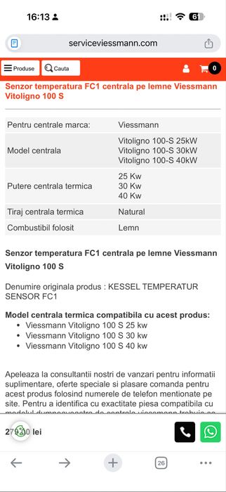 Senzor temperatura FC1 centrala pe lemne wiessmann