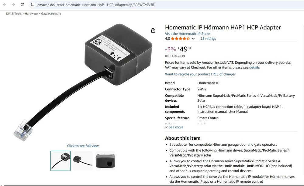 Adaptor Homematic IP Hörmann HAP1 HCP