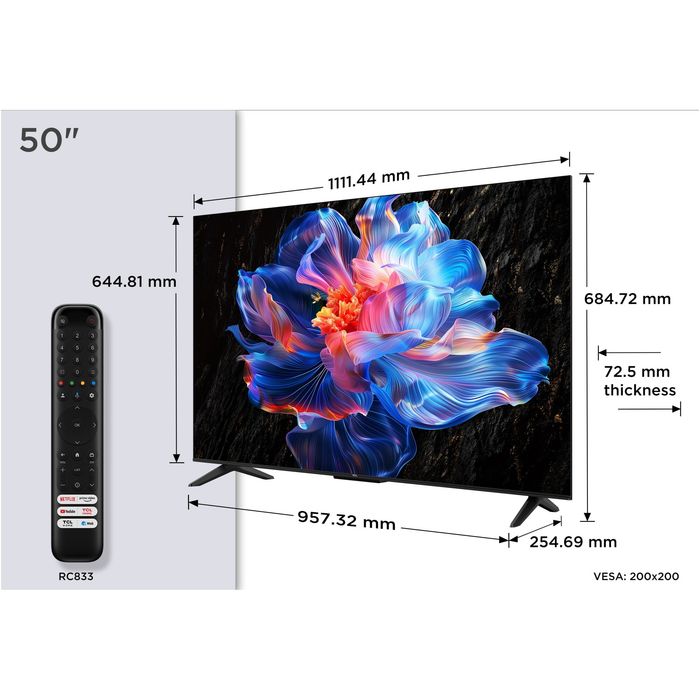 Телевизор TCL LED 50P6K, 50" (126 см), Smart Google TV, 4K Ultra HD, Клас E