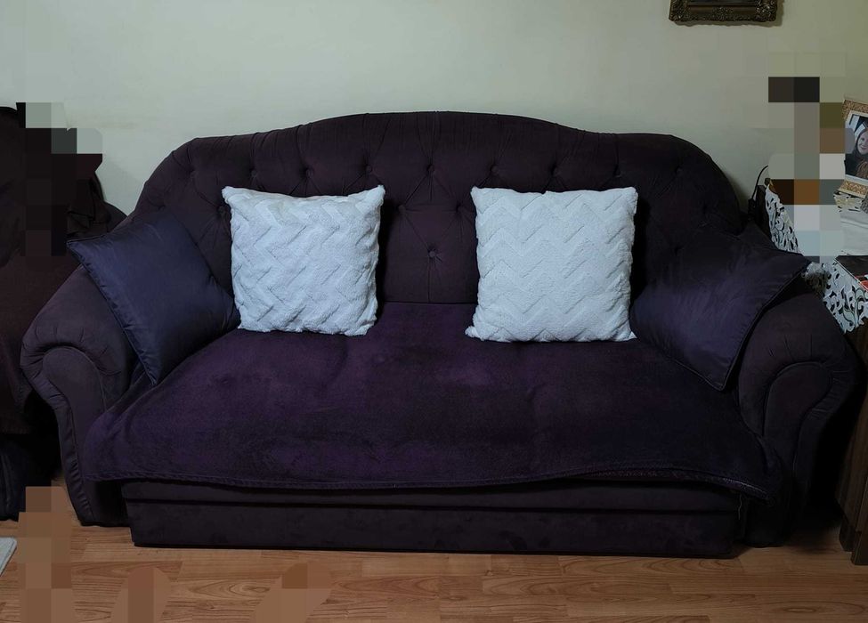 Set canapea extensibilă+ 2 fotolii fixe,tapițerie catifea mov închis